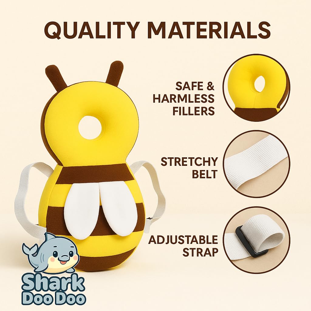 Shark Doo Doo® Baby Head Protector Cushion for 6–24 Months | Soft Plush Safety Backpack for Toddlers | Adjustable Straps, Anti-Fall Pillow for Infants (Yellow Bee)