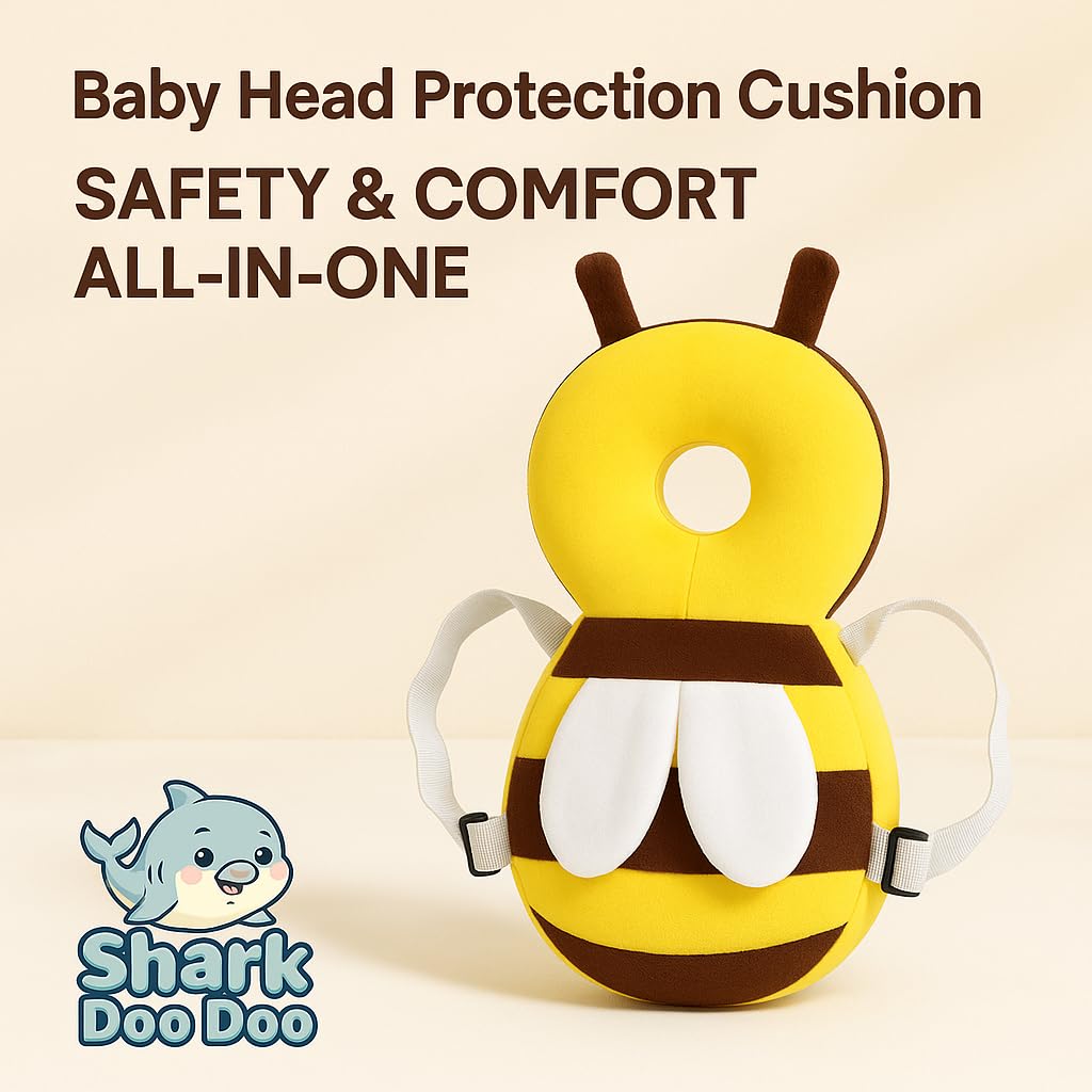 Shark Doo Doo® Baby Head Protector Cushion for 6–24 Months | Soft Plush Safety Backpack for Toddlers | Adjustable Straps, Anti-Fall Pillow for Infants (Yellow Bee)