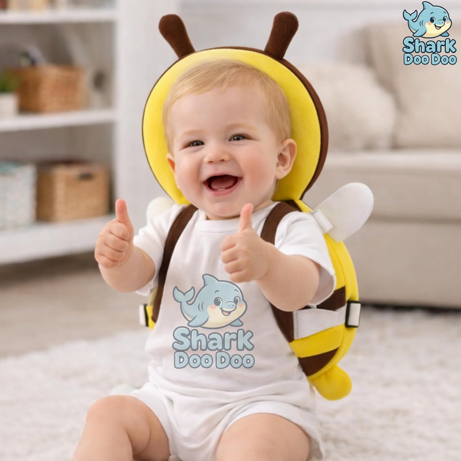 Shark Doo Doo® Baby Head Protector Cushion for 6–24 Months | Soft Plush Safety Backpack for Toddlers | Adjustable Straps, Anti-Fall Pillow for Infants (Yellow Bee)